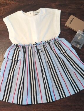 Burberry White Top with Blue, Black and Red Striped Skirt